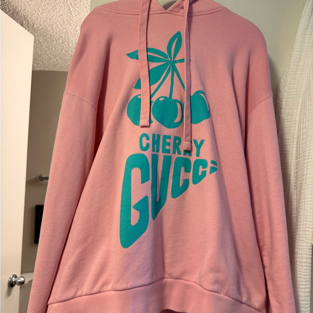 Gucci Pink Hoodie with Teal Cherry Graphic